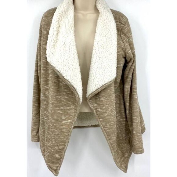 Green Tea Sherpa Lined Open Cardigan Tan Womens Size Medium Side Pockets - Picture 1 of 7